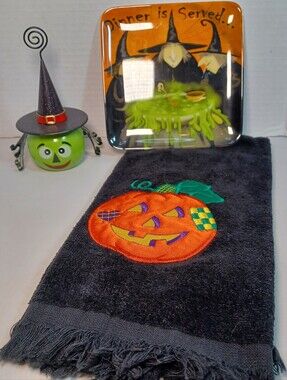 HALLOWEEN Collection, Embroidered Pumpkin Hand Towel, Pier One Wire Witch & Tray